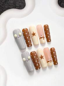 10片裝可愛風手工穿戴甲 Polygel 美甲套組，星星、蛋糕、波點設計，黃色與棕色指甲油，精緻風格，附美甲工具，3種尺寸可選，杏仁甲、鴨嘴甲、棺材甲，適合派對、舞蹈、日常佩戴 - 彩色 - 查看 16