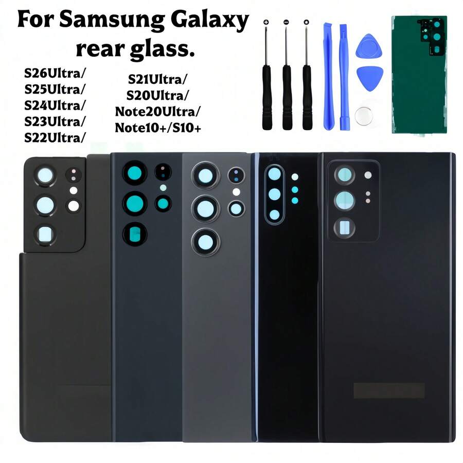 適用於 Galaxy S26Ultra/S25Ultra/S24Ultra/S23Ultra/S22Ultra/S21Ultra/S20Ultra/S20+/S20/Note20Ultra/Note10+/Note10/S10+/S10 的替換後玻璃背蓋,玻璃材質後殼後蓋,含拆卸工具,可用於更換或維修 - 黑色 - 查看 1