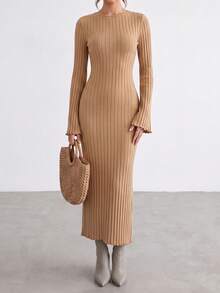 QUNGIGU Women Elegant Vertical Ribbed Knit Long Dress Crew Neck Bell Sleeve Clothes For Daily Casual Going Out Dating - Brown - View 6