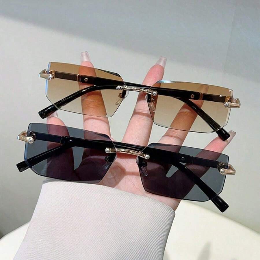 2 Pairs Summer Women's Fashion Eyeglasses, Rimless Cut Edge Metal Frame Round & Rectangular Glasses, INS Style Unisex Eyewear For Daily Commute, Beach Vacation, Street Photography, Personalized Styling - 2pcs Frameless Rectangular With Nails - View 1