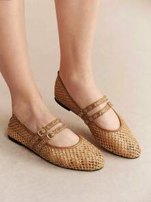Women's Minimalist Patchwork Breathable Mesh Slip-On Square Toe Flat Brown Shoes With Adjustable Slip-On Buckle, Comfortable And Secure Fit, Suitable For Daily Commute, Dating And Vacation - Brown - View 9