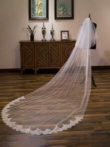 Custom Elegant Long Bridal Veil, Lace Trim Vintage Style (No Embroidery) Wedding Photo Headscarf Veil, Double Layer Bridal Headpiece, French Bridal Veil - Multicolor - View 6