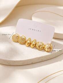 4-16pcs Women's Elegant Gold Stud Earrings Set, Exaggerated Large Five-Petal Flower, Bow, Shell, Conch Series Earrings Set, Made Of ABS Resin Material With High Color Retention Gold Plating Process, Resistant To Fading, Friendly To Sensitive Ears, Suitable For Daily Commute, Dating, Vacation And Holidays - Gold - View 4