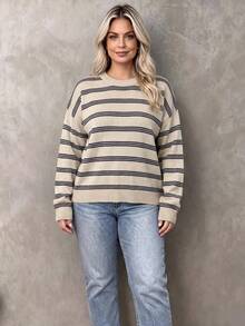 Sweater Rajut Bergaris Ukuran Besar untuk Wanita, Atasan Lengan Panjang Nyaman dengan Leher Bulat dan Bahu Longgar untuk Musim Gugur dan Musim Dingin - Aprikot - View 1