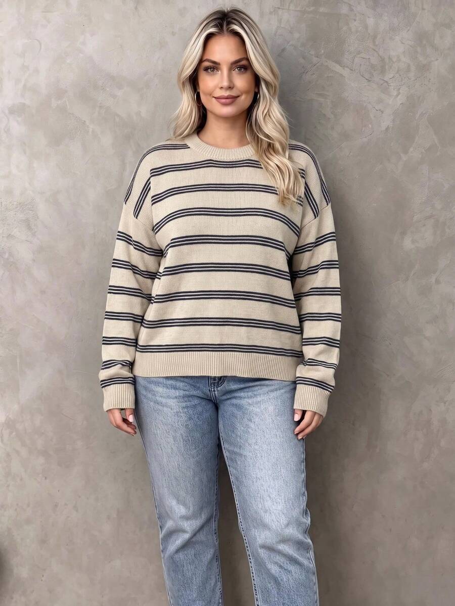 Sweater Rajut Bergaris Ukuran Besar untuk Wanita, Atasan Lengan Panjang Nyaman dengan Leher Bulat dan Bahu Longgar untuk Musim Gugur dan Musim Dingin - Aprikot - View 1