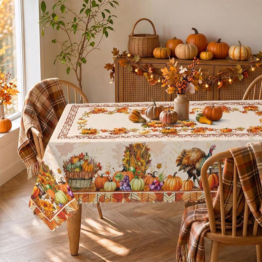 1pc Thanksgiving Autumn Pumpkin Turkey Print Rectangular Tablecloth, Suitable For Holiday, Party, Birthday, Dinner, Restaurant Dining Table Decoration, Thanksgiving Home Autumn/Winter Decor - A - View 1