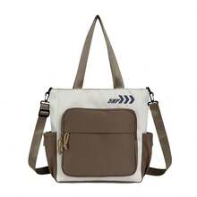 1 Stück künstlerische Canvas‑Schultertasche mit Cartoon‑Motiv, großes Fassungsvermögen, Mehrfach‑Fächer, Aktentasche für Schulunterlagen - Khaki - Übersicht 8