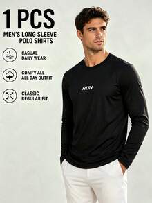 1pc Men's Autumn Sports Crew Neck Long Sleeve T-Shirt, RUN Letter Print Slim Fit Top, Outdoor Running Fitness Training Daily Layering Casual Basic - Black - View 3