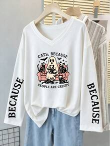 Women's Plus Size Halloween V-Neck Long Sleeve T-Shirt, Ghost And Cat Graphic Print, Knitted Fabric Regular Hem, Autumn Street Style Top - White - View 11