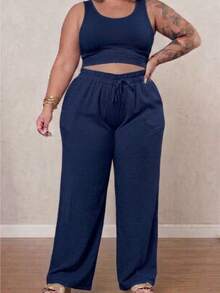 Calça Pantalona Plus Size Feminina Elástico Na Cintura Com Bolso Cintura Alta Tecido Duna - Azul Marinho - Visão 8