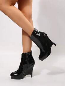 Red & Black Solid Color Commuter Side Zipper 2026 Mirror Wedge High Heels Holiday Winter - Black - View 7