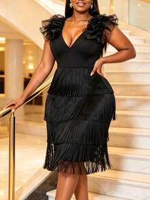 AOMEI Sexy Black V-Neck Cap Sleeve Fringe Bodycon Dress For Prom, Party, Dinner, And Music Festival - Black - View 2