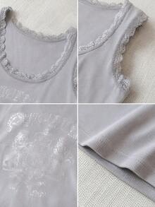 Atasan Cami Slim Fit Seksi dengan Hiasan Renda Desain Retro Amerika untuk Musim Panas Kasual - Grey - View 8