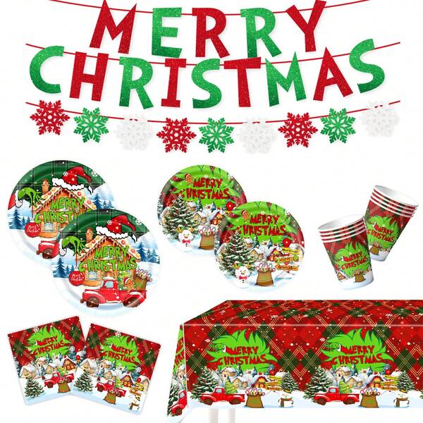 Green Elf Christmas Decor, Green Monster Xmas Photo Props Theme Birthday Party Decorations, Party Supplies, Paper Plates, Napkins, Paper Cups, Tablecloth, Party Tableware Set, Fan Gifts, 7-Inch Paper Plates, 9-Inch Paper Plates, Banners, Gift Bags, Hanging Decorations And Napkins. Suitable For 10 Guests. Perfect For Birthday Parties, Holiday Celebrations And Outdoor Parties, Christmas Theme Birthday Party Supplies Disposable Tablecloth, Paper Plates, Paper Cups, Tableware Decorations