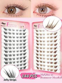 Rikuaild 144pcs Self-Adhesive False Eyelashes, Brown & Black Mixed Color, Pre-Glued Eyelashes, Jelly Strip Pre-Glued Single Cluster Eyelashes, Fox Eye Cartoon Style Segmented Eyelashes, Easy To Use, Suitable For Beginners - C - View 7