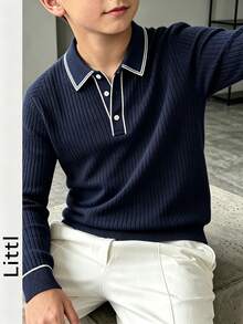 Boys Collared Knit Polo Shirt, Contrast White Trim Long Sleeve Ribbed Knit Pullover, Preppy Casual Top - Navy Blue - View 6