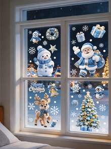 Christmas Window Decals Easy Peel Easy Stick No Residue Double-Sided Window Stickers - Includes Snowman, Blue Santa Claus, Deer, Penguin, Christmas Tree, Gift Box, Bell Wreath, Paired With Snowflake Pattern, Printed With Merry Christmas Text - Multicolor - View 7