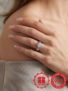Anel Grande de Diamante de Prata Esterlina S925 de Luxo para Homens, Anel de Noivado de Negócios com Zircônia Cúbica de Alto Brilho de 6 Garras, Presente Premium para Namorado com Caixa de Presente - Prata - Visão 4