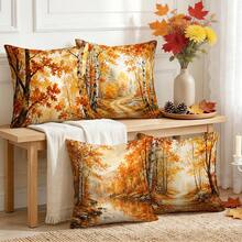 4pcs Autumn Landscape Decorative Pillow Covers, Watercolor Birch Forest Maple Leaf Lake Path Print Pattern, Single-Sided Printed Pillow Covers/Cushion Covers, Multi-Scene Atmosphere Decorative Pillow Covers Suitable For Living Room Sofa Bedroom, Pillow Inserts Not Included - Multicolor - View 8