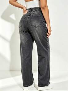 Pantalones de Jean de Moda para Mujer con Bolsillos, Pantalones Anchos con Cierre de Botón en la Cintura, Estilo Trendy y Vanguardista - Negro y gris - Ver 4