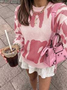 Fashionable Pattern Round Neck Long Sleeve Casual Pullover Sweatshirt, Letter & Graphic Print, Dropped Shoulder, College Style Street Wear, Knit Sweater For Spring - Multicolor - View 2