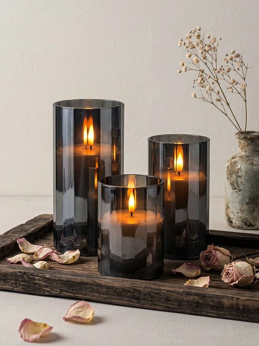 3pcs Flameless Candle Lights With Timer Remote Control, Battery Operated Realistic Candles, Suitable For Wedding, Valentine's Day, Christmas, Halloween, Mother's Day, Proposal, Birthday, Holiday, Party - Black - Warm Light - View 1