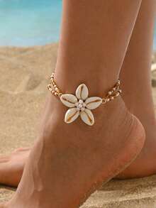 1pc Shell Faux Pearl Flower Pendant Anklet, Fashion Double Layer Rice Bead Decor Women's Foot Jewelry, Suitable For Daily Wear, Vacation, Date, Party, Music Festival, The Color And Quantity Arrangement Of Colored Rice Beads Are Random And Not Fixed - Multicolor - View 1