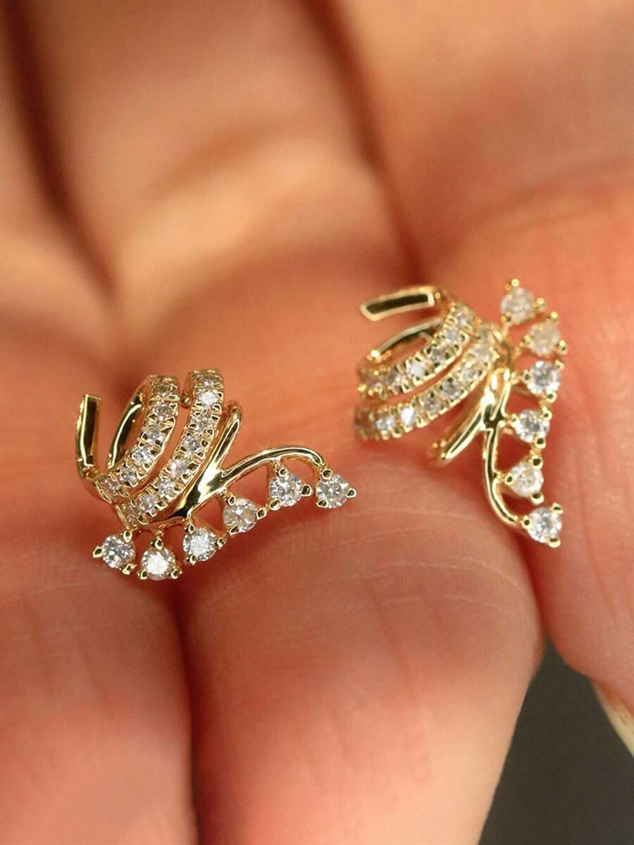 1 Pair Elegant Cubic Zirconia Stud Earrings, Women's Wedding Anniversary Accessory Gift - Yellow Gold - View 1