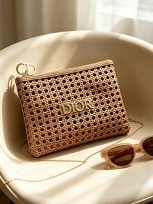 Apricot Hollow Woven Rattan Texture Makeup Bag, Gold Metal DIOR Logo And CD Shaped Zipper Pull, Flat Zipper Top Travel Cosmetic Storage Bag, Luxury Gift For Women DIOR-GIFT-164 - Gold - View 2