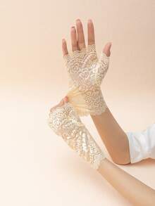 1 Pair New Wavy Edge Rose Lace Fingerless Gloves, Dark Style Photography & Party Decorative Gloves - Black - View 9