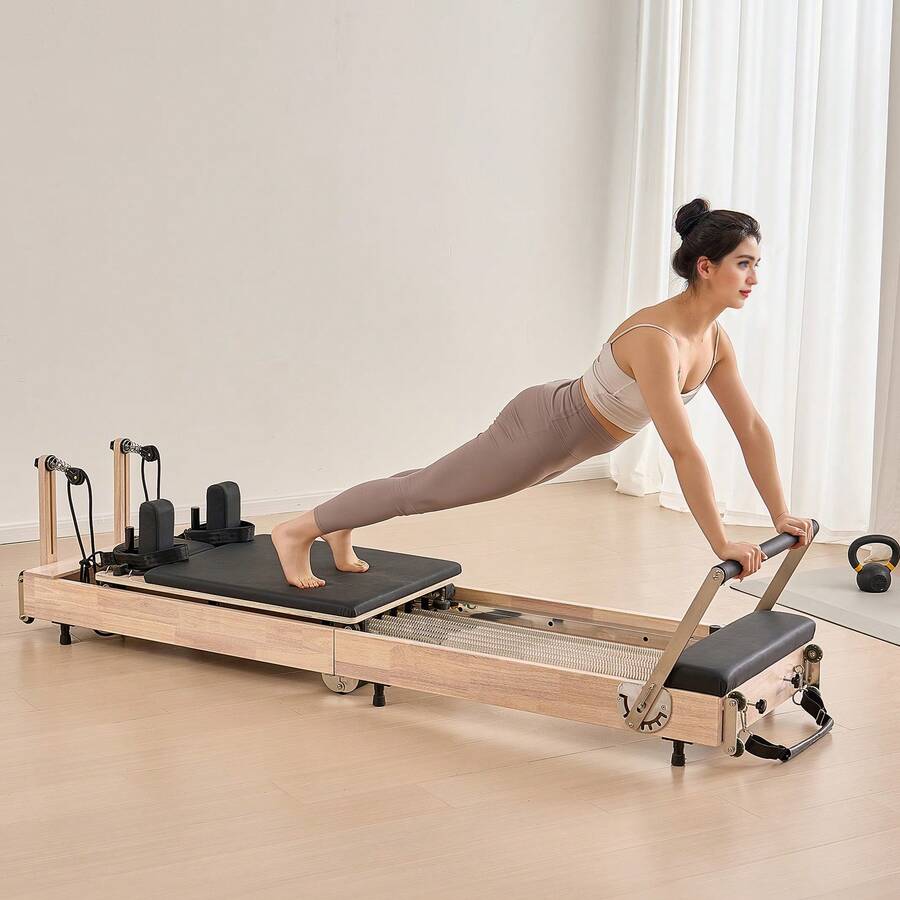 Foldable Pilates Reformer, Wooden Pilates Workout Machine For Home Gym Studio Use, Pilates Bed With Dual Resistance- Spring & Cord, Reformer Set With Sitting Box, Up To 400 LBS - Rubberwood - View 1