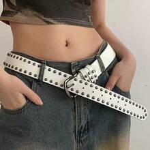 1件美式時尚休閒鉚釘極簡百搭女款PU皮革腰帶 - 白色 - 查看 2