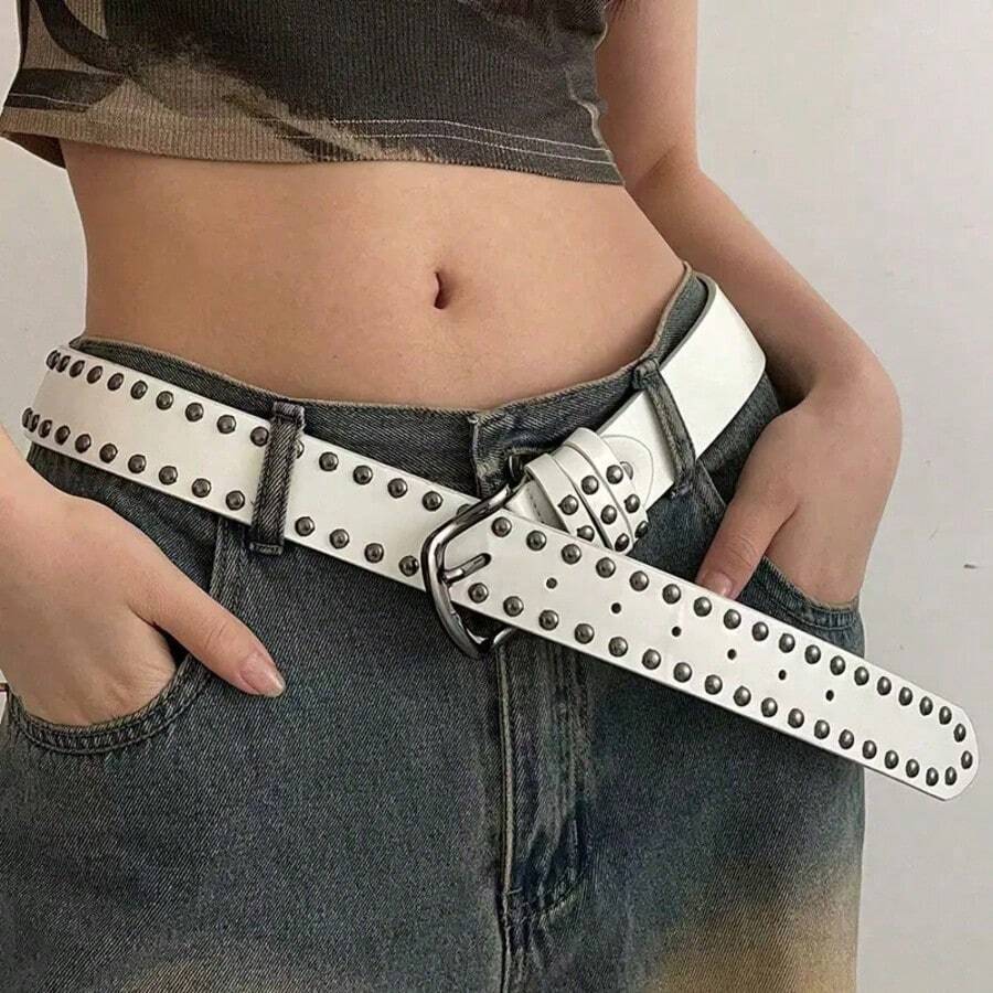 1件美式時尚休閒鉚釘極簡百搭女款PU皮革腰帶