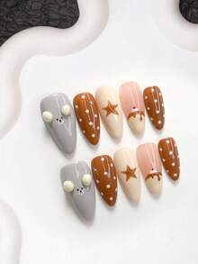 10片裝可愛風手工穿戴甲 Polygel 美甲套組，星星、蛋糕、波點設計，黃色與棕色指甲油，精緻風格，附美甲工具，3種尺寸可選，杏仁甲、鴨嘴甲、棺材甲，適合派對、舞蹈、日常佩戴 - 彩色 - 查看 17