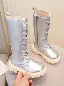 Girls' Shiny Silver Lace-Up High-Top Boots, Fashionable Thick Sole Long Boots, Suitable For Daily And Party Wear - Silver - View 3