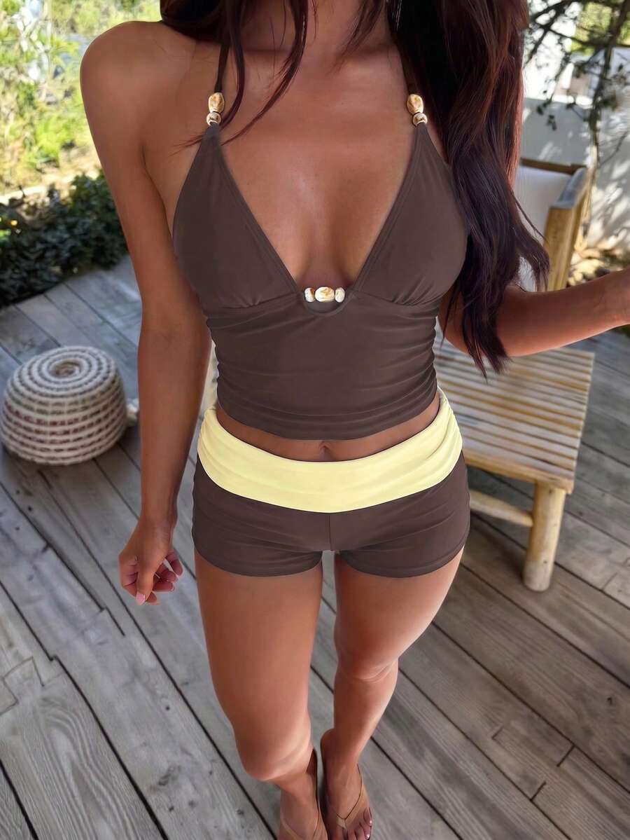 Women's Halter Tankini Swimwear Shorts Set, Suitable For World Cup, Casual Summer Vacation Beach Wear Brown