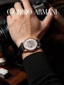 Armani Men's Automatic Mechanical Watch, Silver Hollow Dial, Black Crocodile Leather Strap, 30m Water Resistant AR60007 - Rose Gold - View 5