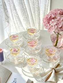 6sets/1set Of Petal-Shaped Glass Espresso Cups And Saucers. Ideal For Use In The Office, Restaurants, Cafes, Outdoors And At Home For Afternoon Tea. The Perfect Gift. - Multicolor - View 1