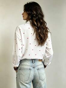 Women's Casual All Over Print Heart Button Front Shirt Collar Long Sleeve Shirt Business Office Home Vacation Holiday Spring Autumn Winter - White - View 2