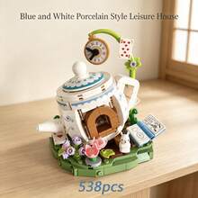 1 Set Blue And White Porcelain Style Teapot House Building Block Toy, Alice In Wonderland White Rabbit Clock Playing Cards Creative Small Particle Assembly Model, Handmade DIY Desktop Ornament, Girly Birthday Holiday Gift Home Decor - Multicolor - View 12
