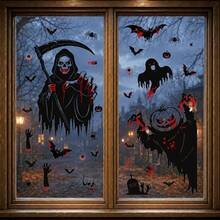 Halloween Decoration Static Cling Stickers, Pumpkin Skull Scythe Grim Reaper Glass Stickers Bat Spider Ghost Window Decals, Holiday & Party Glass Window Stickers - A - View 5