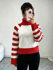 Women's Classic Red & White Colorblock High Neck Knit Sweater, Raglan Sleeves, Horizontal Stripes, Ribbed Cuffs & Hem, Loose Fit, Soft & Warm Pullover Top, Casual Everyday Wear For Autumn/Winter - Red and White - View 1