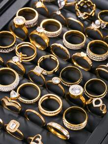 10/20pcs Women's Ring Set, Random Styles, Stainless Steel 18K Gold Plated, Rhinestone Inlaid, Stackable Rings, Daily Women's Jewelry - Yellow Gold - View 4