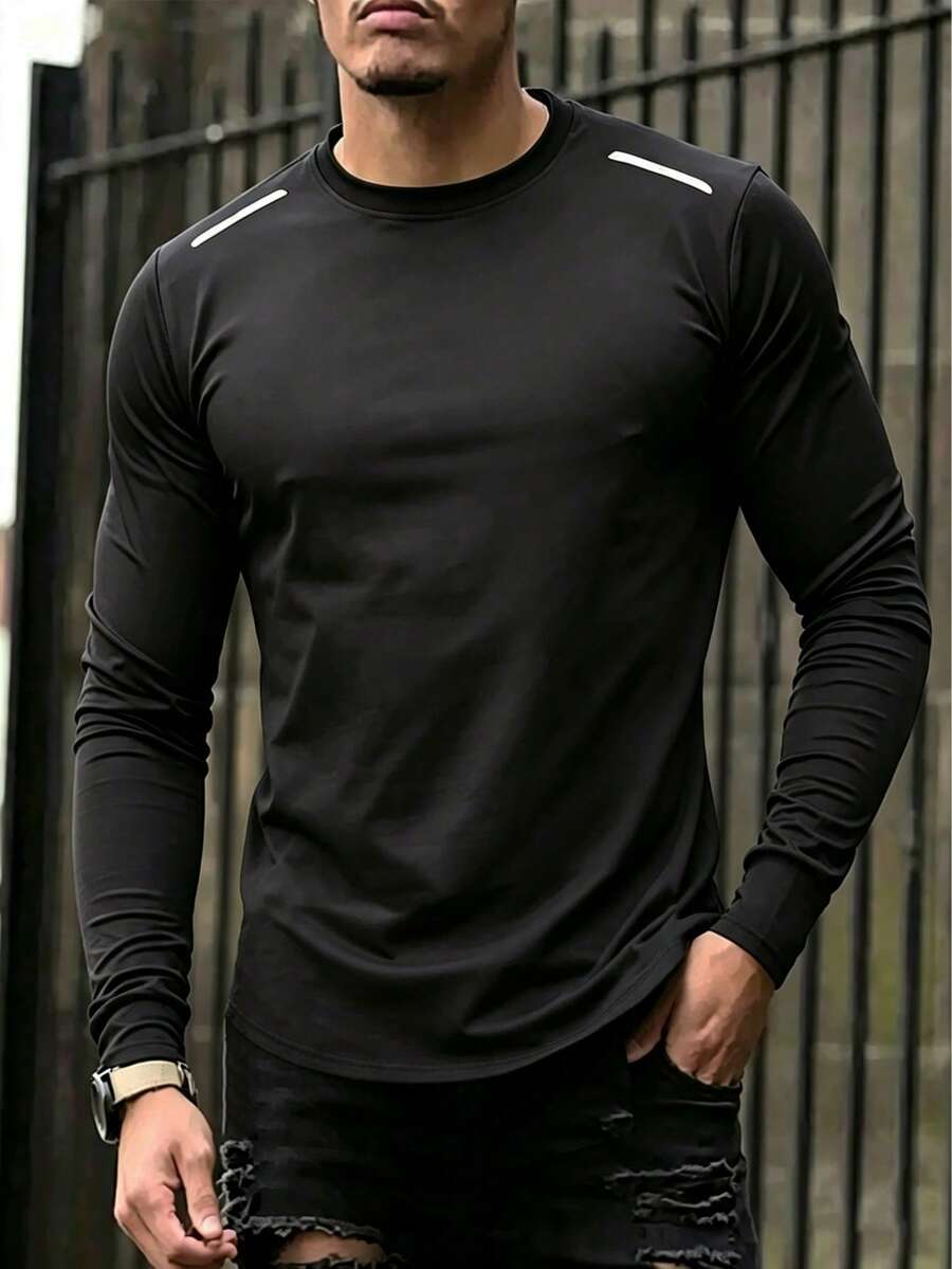 Men's Sports Long Sleeve T-Shirt, Crew Neck Outdoor Running Training Top - Black - View 1