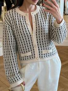 SEREN New Autumn/Winter Houndstooth Elegant Commuter Knit Cardigan, Fashionable Elegant Women's Long-Sleeve Sweater Jacket For Daily Wear - Multicolor - View 2