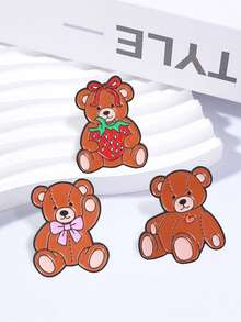 Cute Teddy Bear Enamel Pins, Retro Strawberry Bear Brooch Badge For Backpack Jacket Decor - Brown - View 6