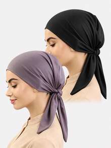 2pcs Women's Elastic Headscarf Hat, Solid Color Tie-Up Headwrap, Hair Protection Cap, Suitable For Daily Use - Multicolor - View 9