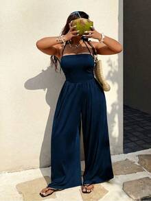 Plus Size New Spring Summer Sexy Black Fitted HighWaist Strapless ColdShoulder Casual Slimming WideLeg Jumpsuit - Navy Blue - View 6