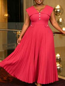 AOMEI Plus Size Women's Elegant Pleated Office Commute Dress, Red Sleeveless Button High Waist Long Evening Gown For Celebration And Formal Occasions - Red - View 5