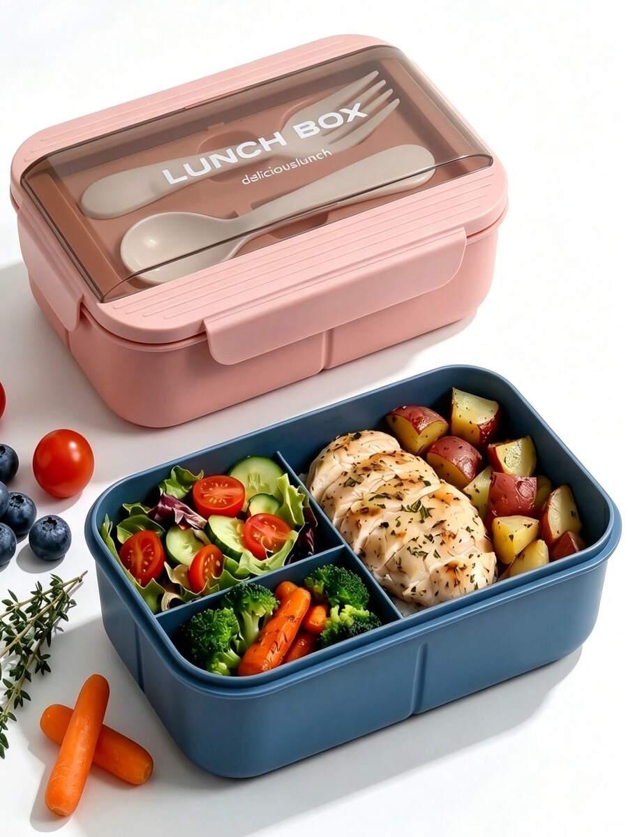 1pc Pink Lunch Box With Utensils, Bento Box With Spoon And Fork, Microwave , Insulated Lunch Bag, 3-Compartment Food Storage Container Set, Suitable For Christmas Gift, Student Back To School, Birthday Gift, Wedding, Holiday Party Favor